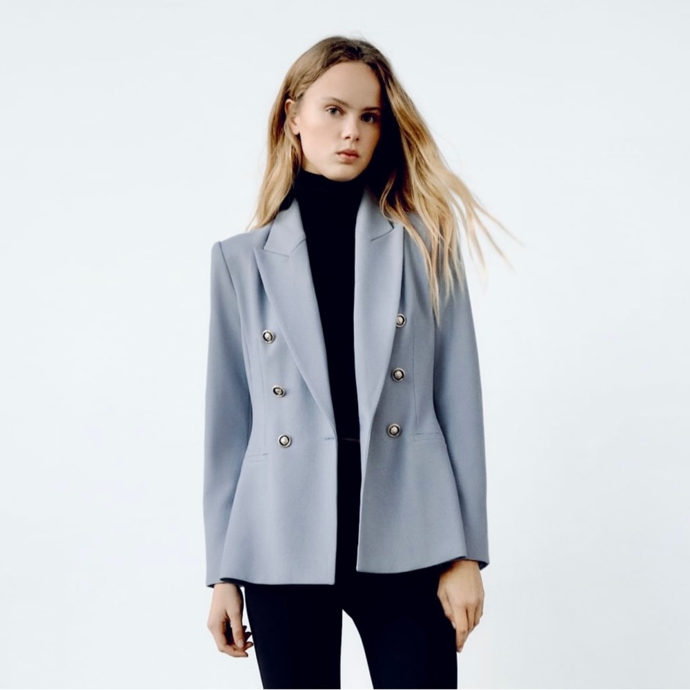 ZARA TAILORED DOUBLE BREASTED BLAZER - BLUE STEEL - NEW W TAGS